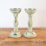 Set Rustieke Houten Kandelaars in Lichtgroen/Off-White, Crème, Ophalen of Verzenden, Zo goed als nieuw, Hout