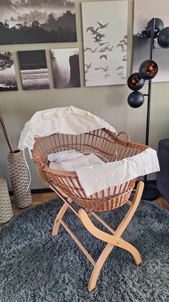 Vintage look rieten wieg met kap, Ophalen, Gebruikt, Wieg