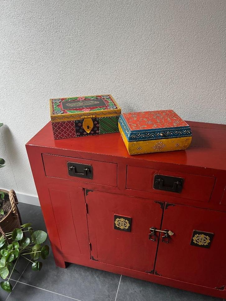 Indiase handbeschilderd houtsnijwerk kist Handwerk India, Huis en Inrichting, Woonaccessoires | Kisten, Zo goed als nieuw, Minder dan 50 cm