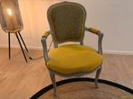 Gerestaureerde fauteuil met voetenbankje en kussens, Ophalen, Zo goed als nieuw, Minder dan 75 cm, 50 tot 75 cm