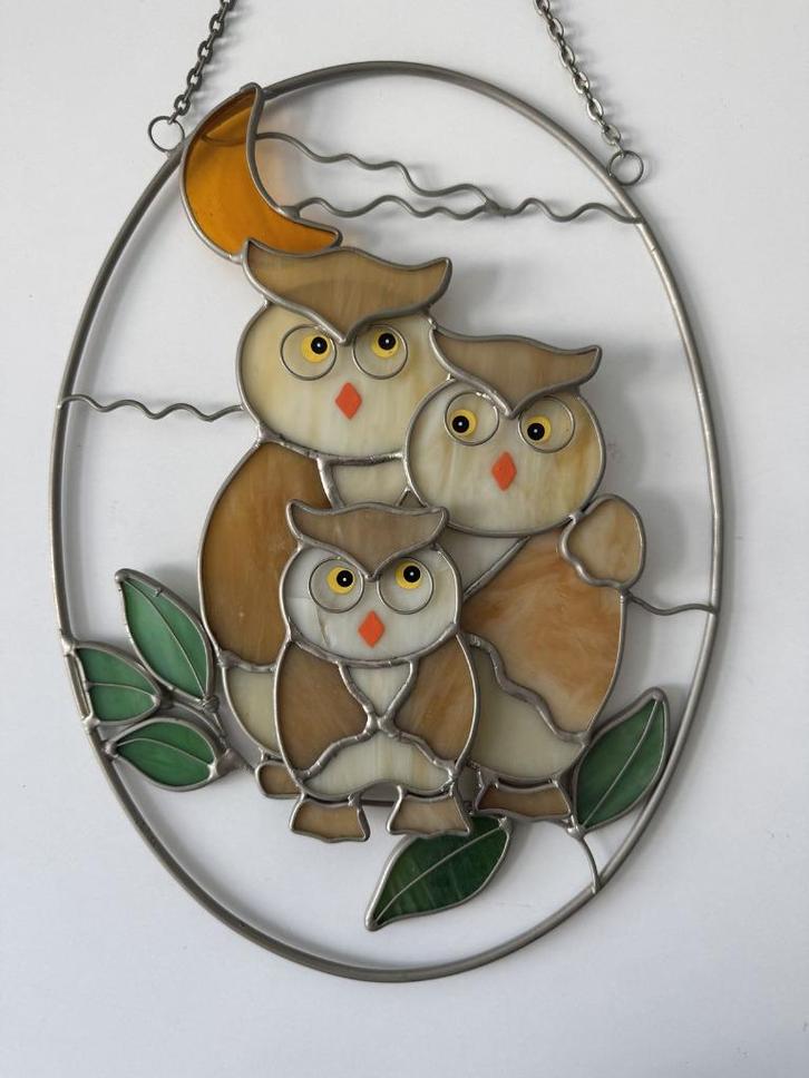 Glas in lood / metaal - uilenfamilie, Tuin en Terras, Tuinwanddecoratie, Gebruikt, Ophalen of Verzenden