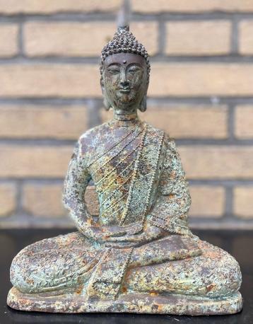 oud brons boeddha beeld met lotusbloemen 27 cm hoog