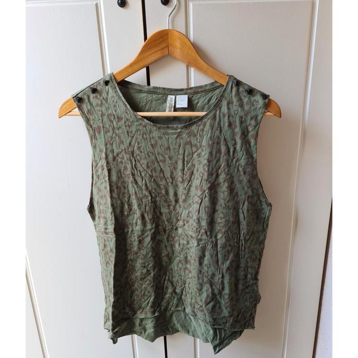 Groene/ khaki mouwloze top met print & studs van H&M maat 36, Kleding | Dames, Tops, Nieuw, Maat 36 (S), Groen, Zonder mouw, Verzenden