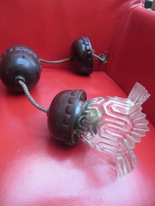 Antieke hanglamp jaren 30 lamp bakeliet met Holophane kapje, Antiek en Kunst, Antiek | Lampen, Ophalen of Verzenden