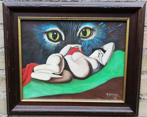 R. De Tobel, Rien ne reste de chat. Olie/paneel. 38/32 cm., Antiek en Kunst, Kunst | Schilderijen | Modern, Ophalen