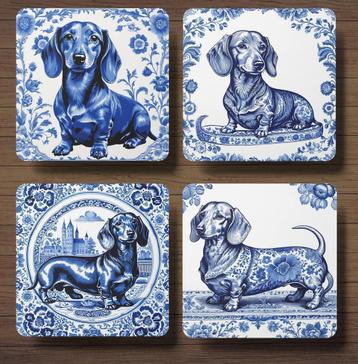 Teckel Delfts Blauw onderzetters met houder beschikbaar voor biedingen