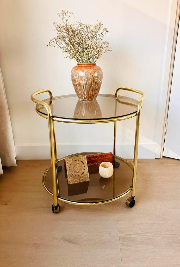 Mooie ronde vintage serveerwagen, Huis en Inrichting, Tafels | Sidetables, Zo goed als nieuw, 50 tot 75 cm, 50 tot 100 cm, Rond