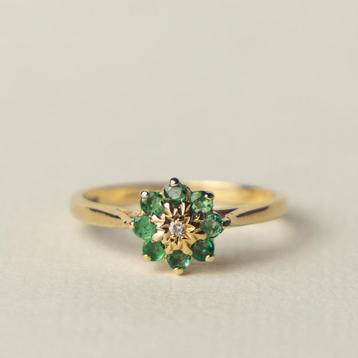 Vintage 9 karaat gouden bloem cluster ring smaragd diamant beschikbaar voor biedingen