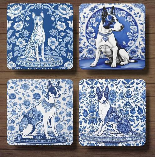 Basenji Delfts Blauw onderzetters met houder, Huis en Inrichting, Woonaccessoires | Onderzetters, Nieuw, Glas of Kopje, Ophalen of Verzenden