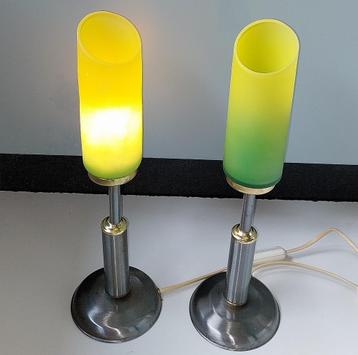 Retro set Tafellampen /Fakkellamp overlopend groen/geel glas beschikbaar voor biedingen