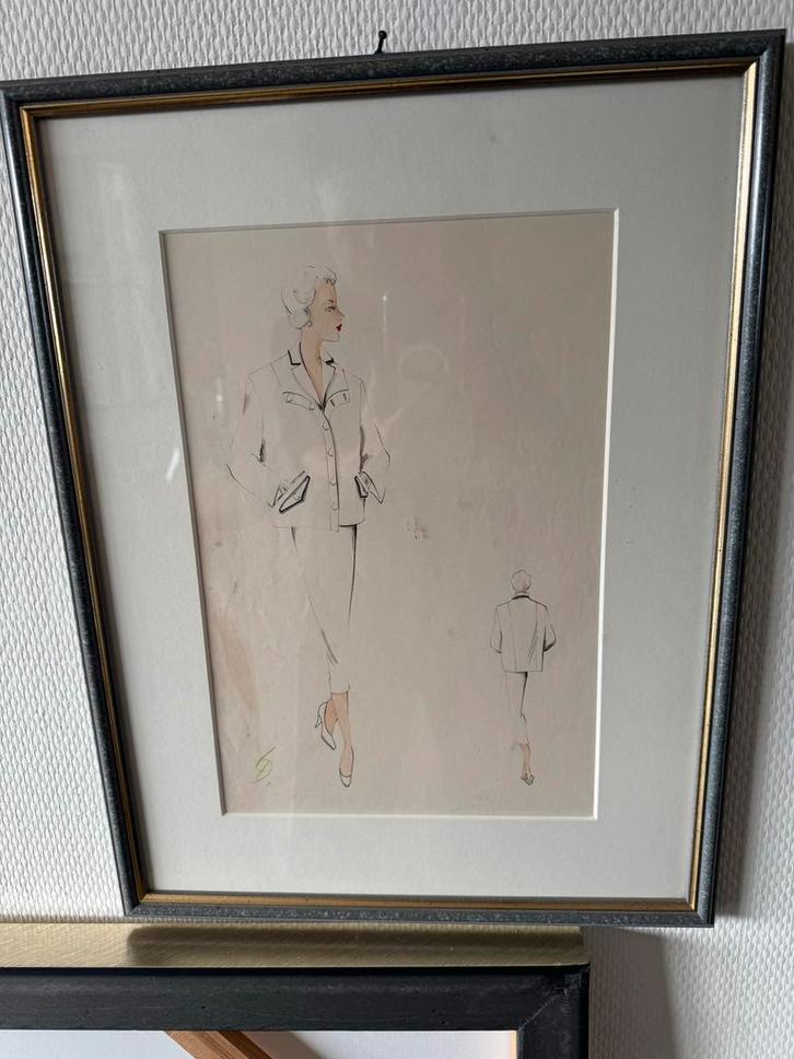 Vintage Mode Schets in Lijst, Antiek en Kunst, Kunst | Tekeningen en Foto's, Ophalen