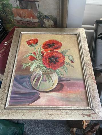 Olieverfschilderij op triplex 29x36  cm Bloemen in vaas beschikbaar voor biedingen