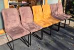Suede eettafelstoelen 6 stuks (4× bruin, 2x oker kleurig), Huis en Inrichting, Stoelen, Ophalen, Gebruikt, Bruin, Leer