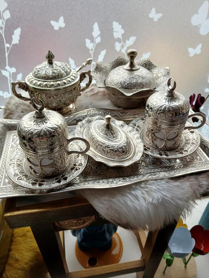 Zilverkleurig Turks Koffieservies, Antiek en Kunst, Antiek | Servies compleet, Ophalen