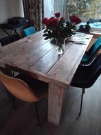 Eettafel set met 4 stoelen blauw en cognac, Ophalen, Gebruikt, 100 tot 150 cm, Eikenhout