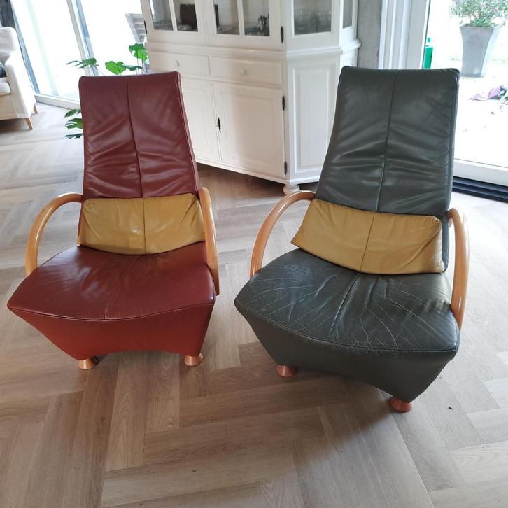 Lederen design fauteuils, Huis en Inrichting, Fauteuils, Gebruikt, Hout, Leer, 50 tot 75 cm, 75 tot 100 cm, Ophalen