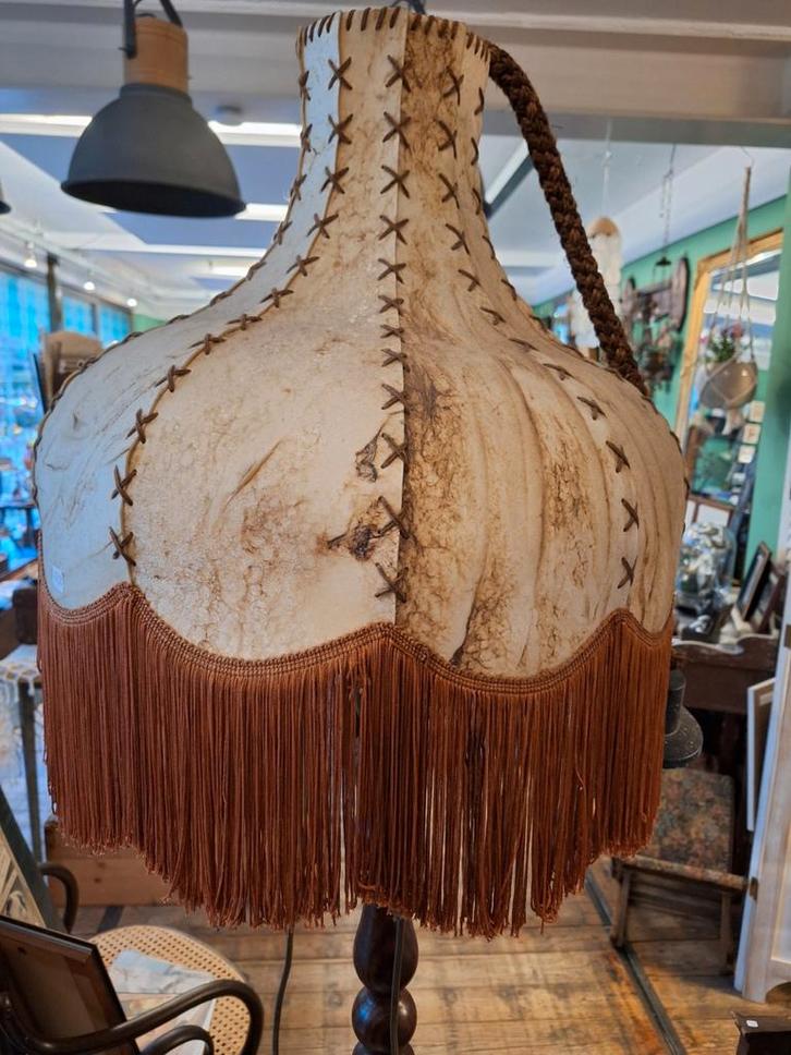 Vintage Schemerlamp met Eikenhouten Voet, Huis en Inrichting, Lampen | Vloerlampen, Gebruikt, 150 tot 200 cm, Hout, Stof, Ophalen