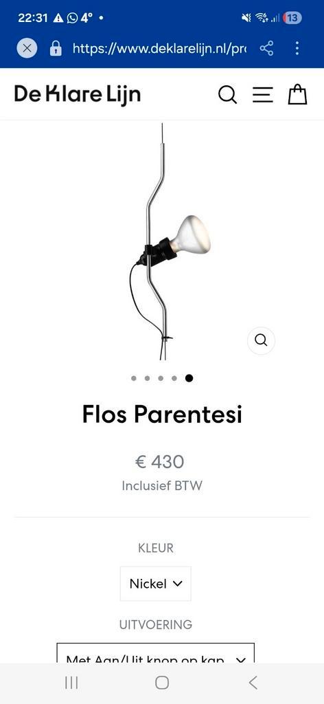 Flos Parentesi vloerlamp – Nickel – NIEUW IN DOOS, Huis en Inrichting, Lampen | Spots, Nieuw, Metaal of Aluminium, Ophalen of Verzenden