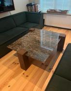 Bruin marmeren design salontafel met houten poten, Huis en Inrichting, Tafels | Salontafels, Gebruikt, 100 tot 150 cm, Minder dan 50 cm