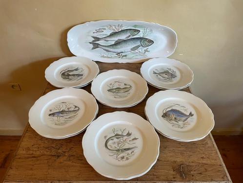 Decoratief Vis servies Borden en visschaal Limoges Porselein, Antiek en Kunst, Antiek | Servies compleet, Ophalen