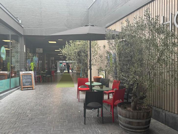 Buitenterras met parasol en olijfbomen, Tuin en Terras, Parasols, Gebruikt, Stokparasol, 3 tot 4 meter, Kantelbaar, Ophalen
