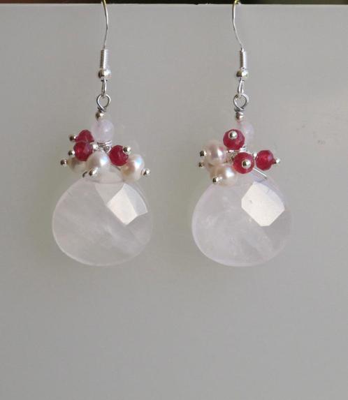 Prachtige oorbellen, Rozenkwarts briolettes, Jade, parels, Sieraden, Tassen en Uiterlijk, Oorbellen, Nieuw, Hangers, Zilver, Roze