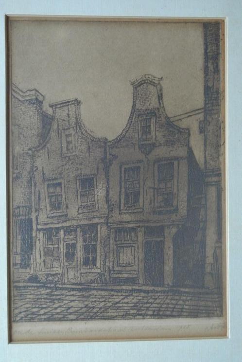 Adri van Dijk ets lombardstraat Rotterdam 1925, Antiek en Kunst, Kunst | Etsen en Gravures, Ophalen of Verzenden
