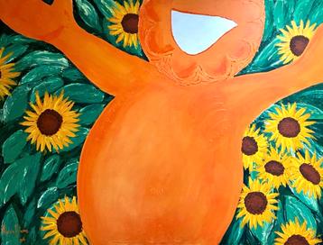 Abstract Schilderij met Zonnebloemen, OJee een optimist beschikbaar voor biedingen