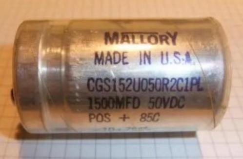 Condensator Mallory 1500MFD 50VDC, Hobby en Vrije tijd, Elektronica-componenten, Gebruikt, Ophalen of Verzenden
