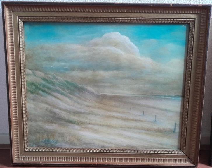 Duinen en strand. Schilderij inclusief lijst 58 x 49 cm, Antiek en Kunst, Kunst | Schilderijen | Klassiek, Ophalen
