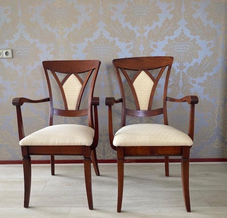 Klassieke  eetkamerstoelen, Huis en Inrichting, Stoelen, Gebruikt, Vier, Hout, Stof, Overige kleuren, Ophalen