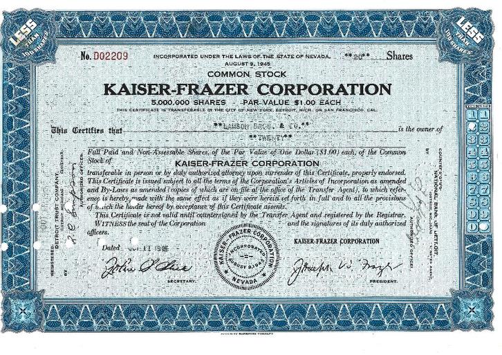 Kaiser Frazer Corporation stock oct. 1945 (KA45b), Verzamelen, Automerken, Motoren en Formule 1, Zo goed als nieuw, Auto's, Ophalen of Verzenden