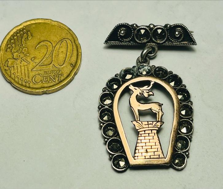 Victoriaanse Zilveren Geluks Hoefijzer Broche, Sieraden, Tassen en Uiterlijk, Broches, Gebruikt, Zilver, Minder dan 4 cm, Met edelsteen