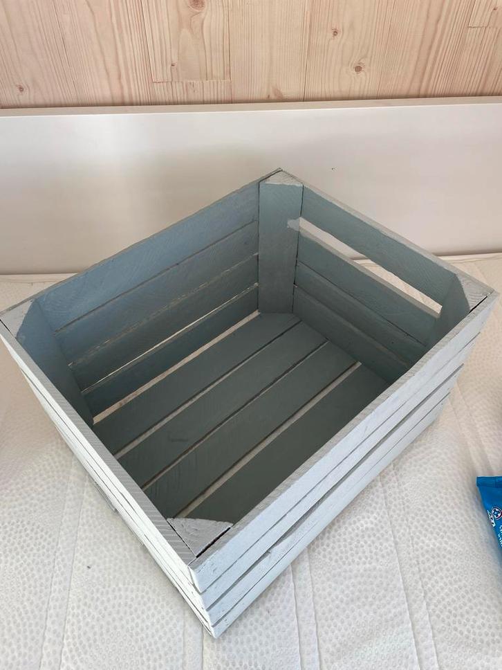 Houten kratten grijs/wit en vergrijsd groen/wit, Doe-het-zelf en Verbouw, Kratten en Dozen, Gebruikt, Krat, Minder dan 50 cm, Minder dan 35 cm