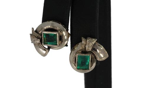 Smaragd antieke 14k gouden platina dames oorbellen vintage, Sieraden, Tassen en Uiterlijk, Antieke sieraden, Oorbellen, Goud, Met edelsteen