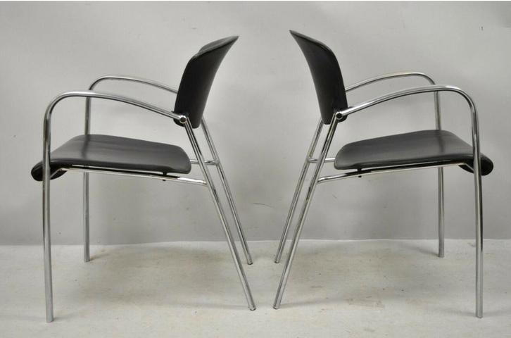Brayton design 4 stoelen chroom met zwart leer, Huis en Inrichting, Stoelen, Gebruikt, Leer, Zwart, Ophalen