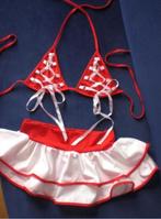 Wit rood setje triangle top met linten minirokje XS S M new, Ophalen, Rood, Setje