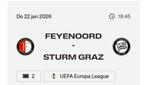 Feyenoord / Sturm Graz 2 tickets vak VV, Tickets en Kaartjes, Losse kaart, Twee personen, December, Europa of Champions League