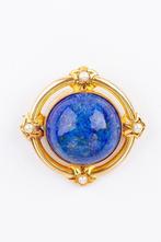 GOUDEN BROCHE MET EEN LAPIS LAZULI EN PARELS, Goud, 4 tot 7 cm, Blauw, Met edelsteen