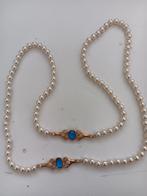 Vintage  Nep Parelketting met Blauwe Steen, Overige materialen, Met edelsteen, Wit, Ophalen of Verzenden