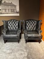 Set Chesterfield Oorfauteuils Antracietgrijs Leer, Zo goed als nieuw, Stoer Chique, 75 tot 100 cm, Chesterfield