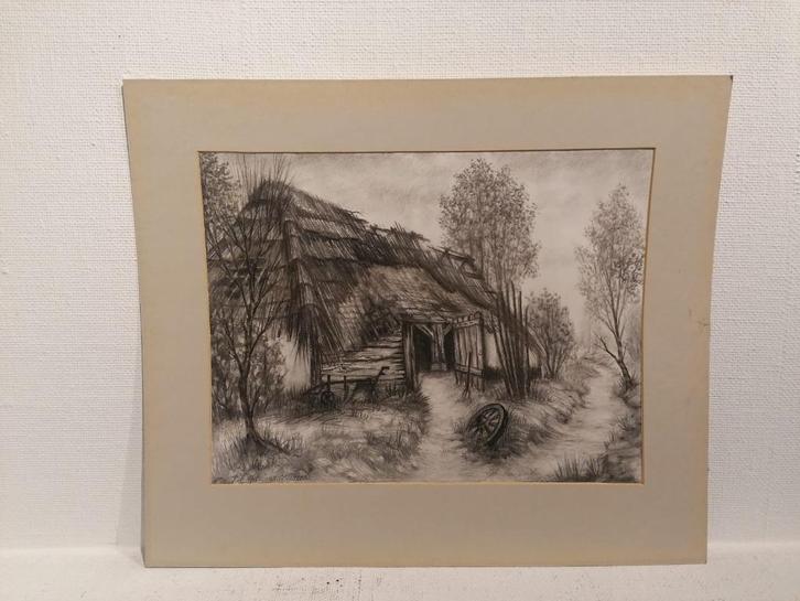 Houtskool op papier gesigneerd - Rustieke boerderij, Antiek en Kunst, Kunst | Tekeningen en Foto's, Ophalen