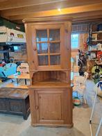 Antieke grenen hoekkast met glazen deur, Glas, 50 tot 100 cm, 150 tot 200 cm, 25 tot 50 cm