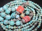 Vintage turkoois bloedkoraal ketting collier 48 gram 48 cm, Ophalen, Zilver, Ketting, Met edelsteen