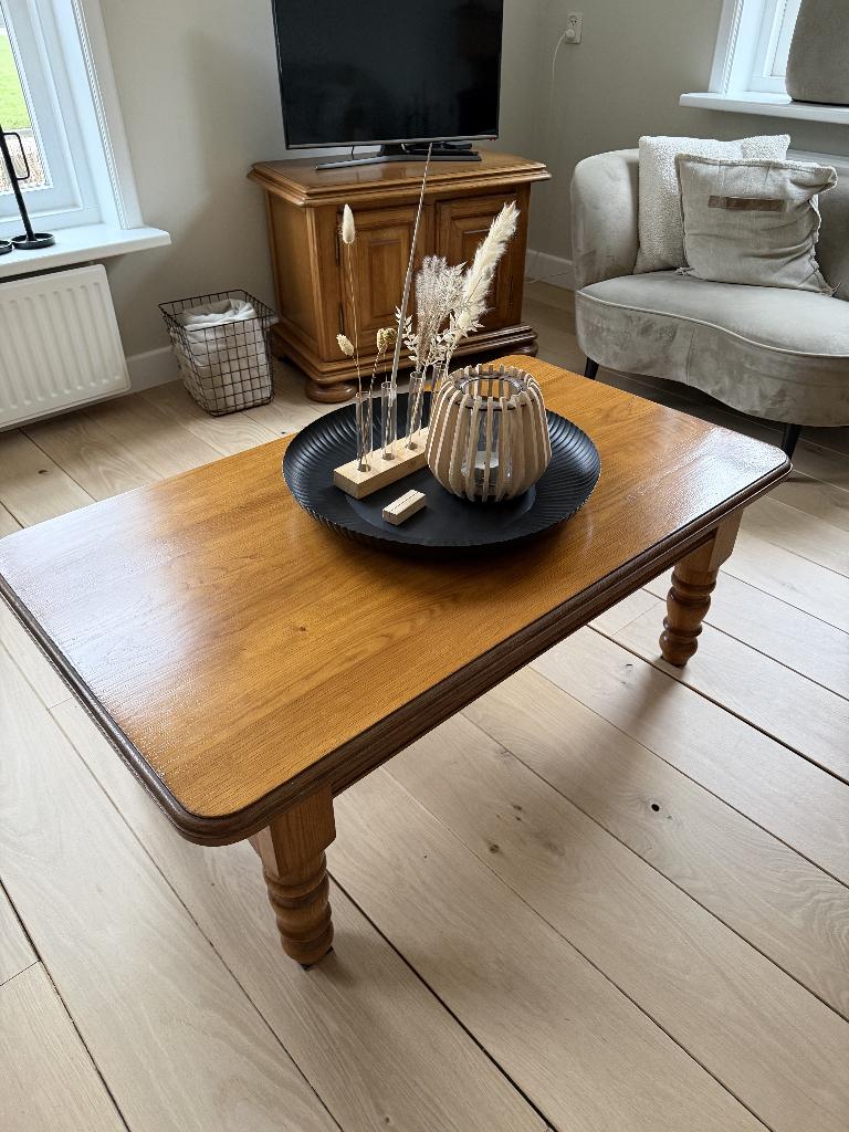 Massief honing-eiken salontafel, Ophalen, Gebruikt, 100 tot 150 cm, Eikenhout