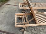 Teak Houten Ligbedden met Wielen - 2 stuks, Ophalen of Verzenden, Nieuw, Hout, Verstelbaar