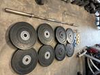 Crossmaxx bumperplates 107 kg  incl halterstang, Gebruikt, Stang, Crossmaxx, Halterset