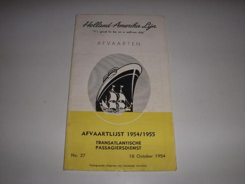 Afvaartlijst Holland Amerika Lijn 1954-1955, Verzamelen, Scheepvaart, Gebruikt, Gebruiksvoorwerp, Motorboot, Ophalen of Verzenden