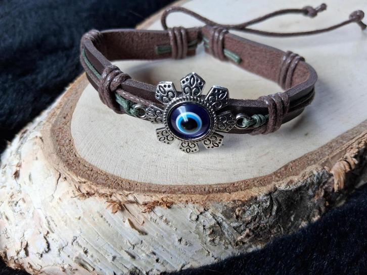 bruin leren armband Nazar / Evil Eye (bloem/ster), Sieraden, Tassen en Uiterlijk, Armbanden, Nieuw, Leer, Bruin, Ophalen of Verzenden