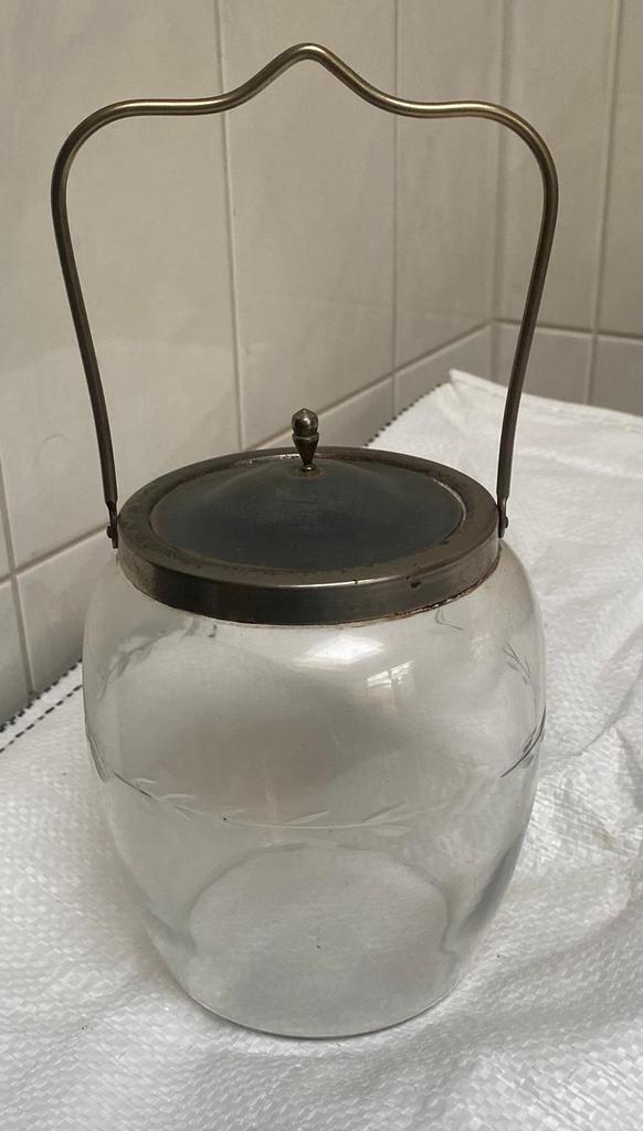 Antieke glazen snoeppot met gravure, Antiek en Kunst, Antiek | Glas en Kristal, Ophalen of Verzenden